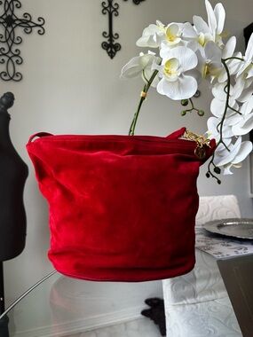 Paloma Picasso Red Suede Shoulder Bag with Gold Hardware